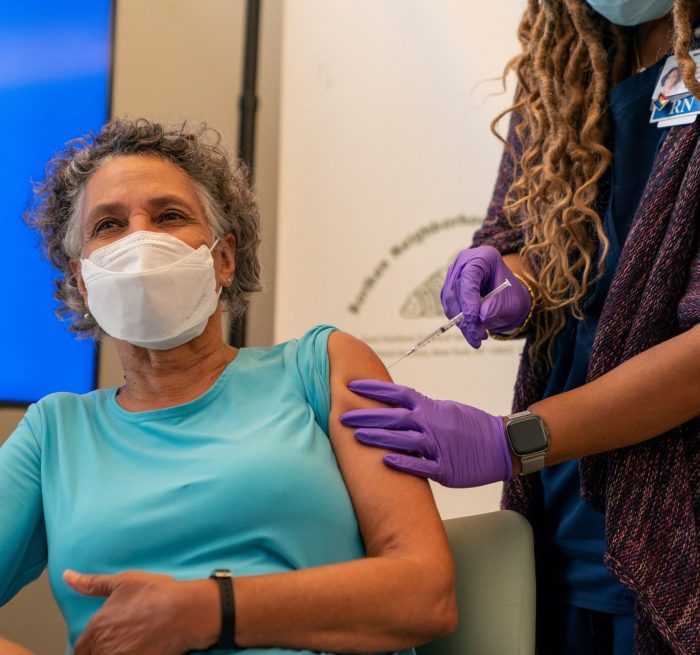 Department of Health and Mental Hygene Dr, Mary Bassett  receives an Omicron bivalent booster shot during a press conference update on the coronavirus disease (COVID-19) in New York, U.S., September 7, 2022. REUTERS/David 'Dee' Delgado